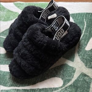 UGG Black Plush Backstrap Slide Slipper Like New